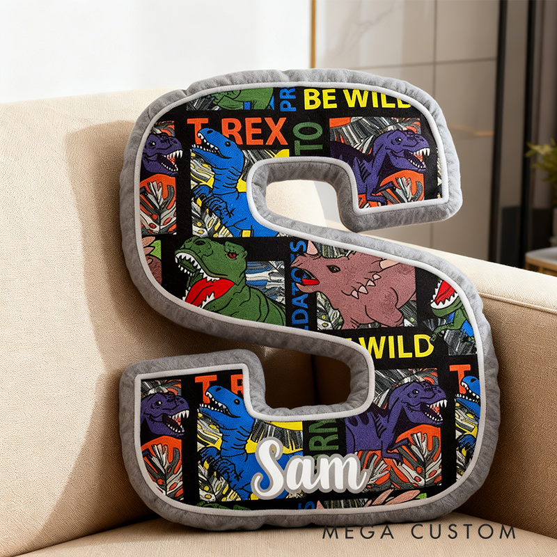 Personalized Dinosaur Themed Letter Shaped Pillow Custom Name Design