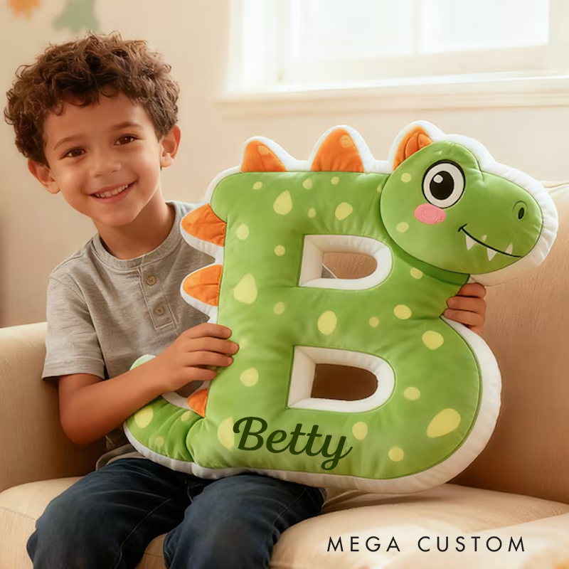 Personalized Dinosaur Letter Name Custom Soft Decorative Gift Green Dragon Style Fun Cute Cozy Playroom Lovely Boy Room Jurassic Fantasy Friendly Creature Graphic 3D Print Pillow
