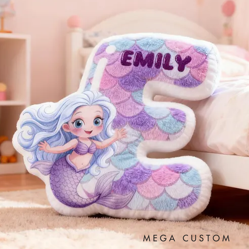 Personalized Mermaid Letter Name Custom Soft Decorative Gift Ocean Fantasy Style Cute Dream Lovely Princess Cozy Bedroom Playroom Pastel Scales Magical Sea Graphic 3D Print Pillow