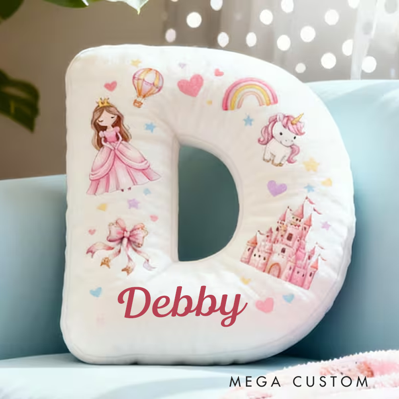 Personalized Princess Letter Name Custom Soft Decorative Gift Castle Dreamy Horse Style Cute Dream Lovely Fairy Tale Cozy Bedroom Playroom Magical Rainbow Heart Graphic 3D Print Pillow