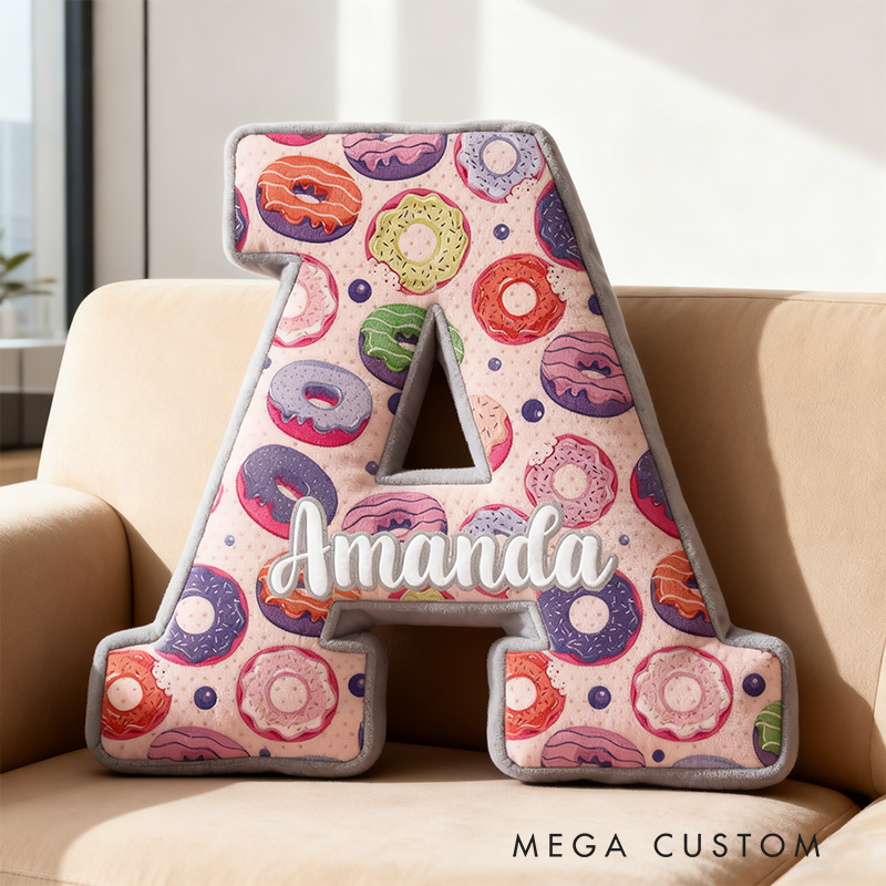 Personalized Donut Themed Letter Shaped Pillow Custom Name Design Gift