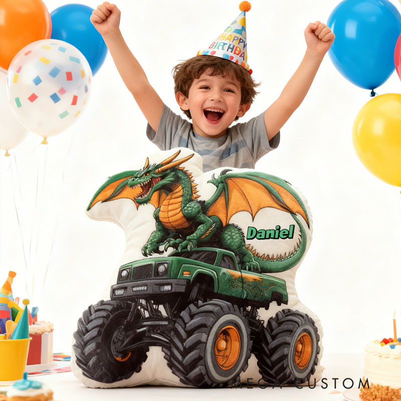 Personalized Dinosaur Monster Truck Name Custom Soft Decorative Gift Fun Playful Cozy Boy Room Exciting Power Wheels Graphic 3D Print Pillow