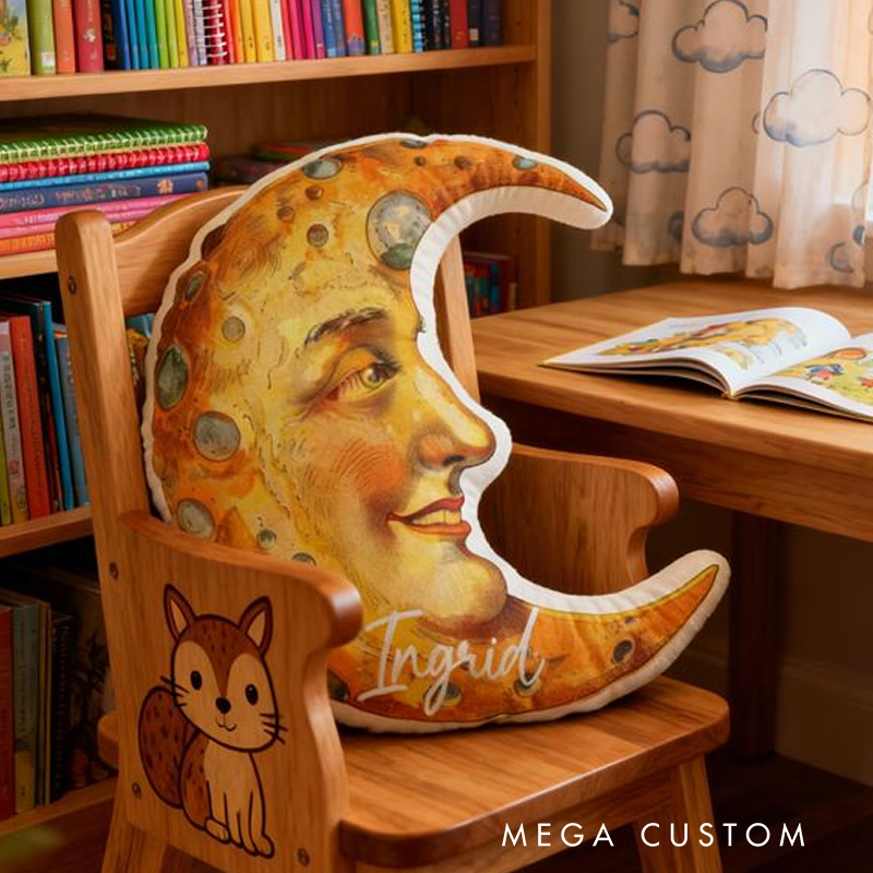 Personalized Moon Face Name Custom Soft Decorative Gift Celestial Dream Style Cozy Bedroom Magical Night Sky Star Romantic Fantasy Warm Glow Art Graphic 3D Print Pillow