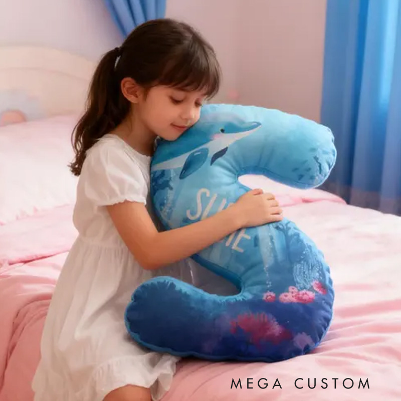 Personalized Dolphin Ocean Letter Name Custom Soft Decorative Gift Sea Adventure Style Blue Underwater Cute Cozy Wave Marine Animal Fantasy Graphic 3D Print Pillow