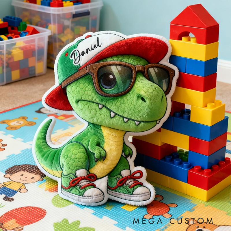 Personalized Green T Rex Wearing Red Sneakers And Hat For Boys Bedroom Graphic 3D Print Pillow