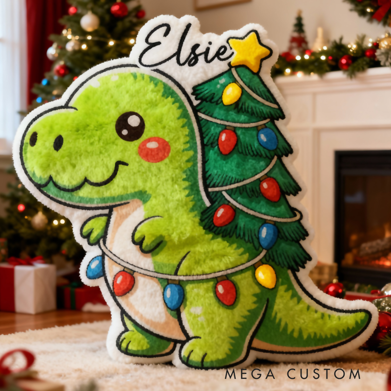 Personalized Christmas Dinosaur Cushion With Tree Lights Holiday Decor Graphic 3D Print Pillow