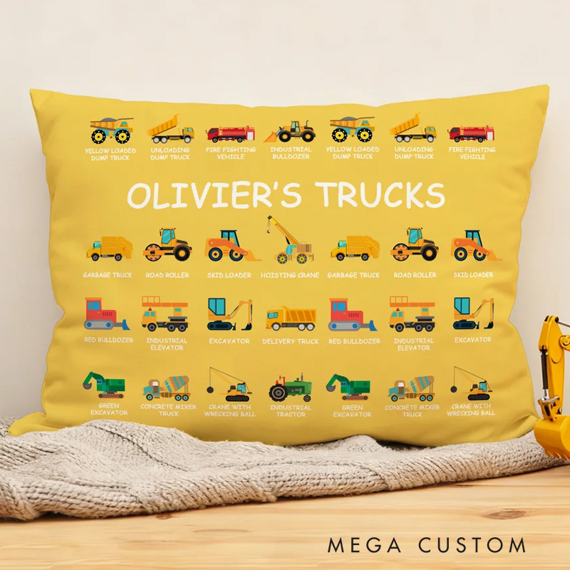 Personalized Construction Truck Excavator Bulldozer Throw Pillow Cover with Name Home Decor Christmas Birthday Gift for Boys Truck Lovers