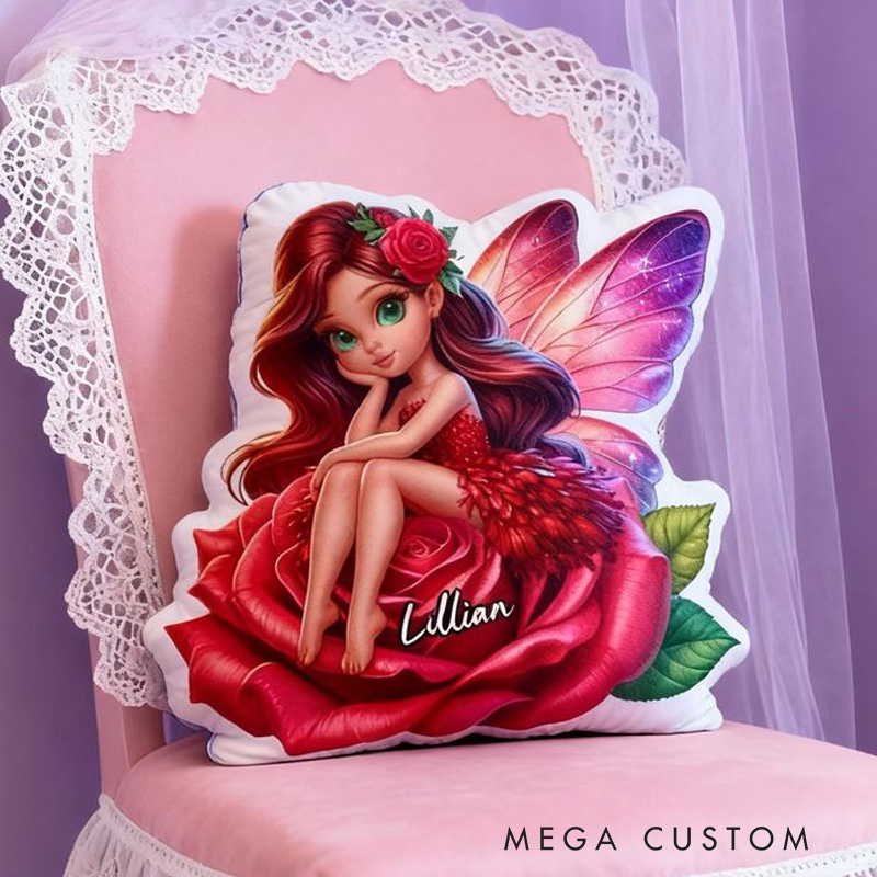 Personalized Beautiful Fairy Cushion Sitting On Red Rose For Girls Room Graphic 3D Print Pillow