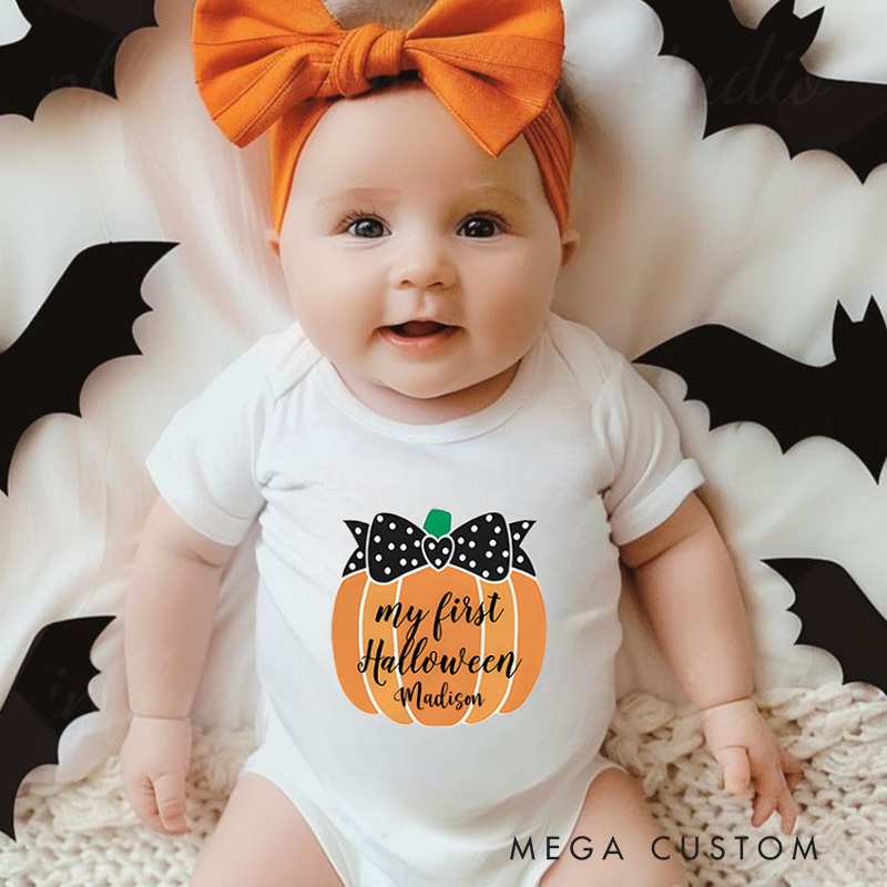 Personalized My First Halloween Featuring Polka Dot Bow Pumpkin and Customizable Name for Baby Onesie