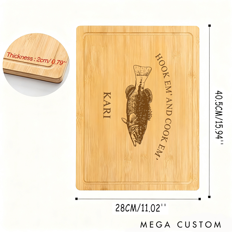 Personalized Bamboo Cutting Board Hook Em and Cook Em Design Custom Name Perfect Gift for Fishing Enthusiasts and Kitchen Lovers