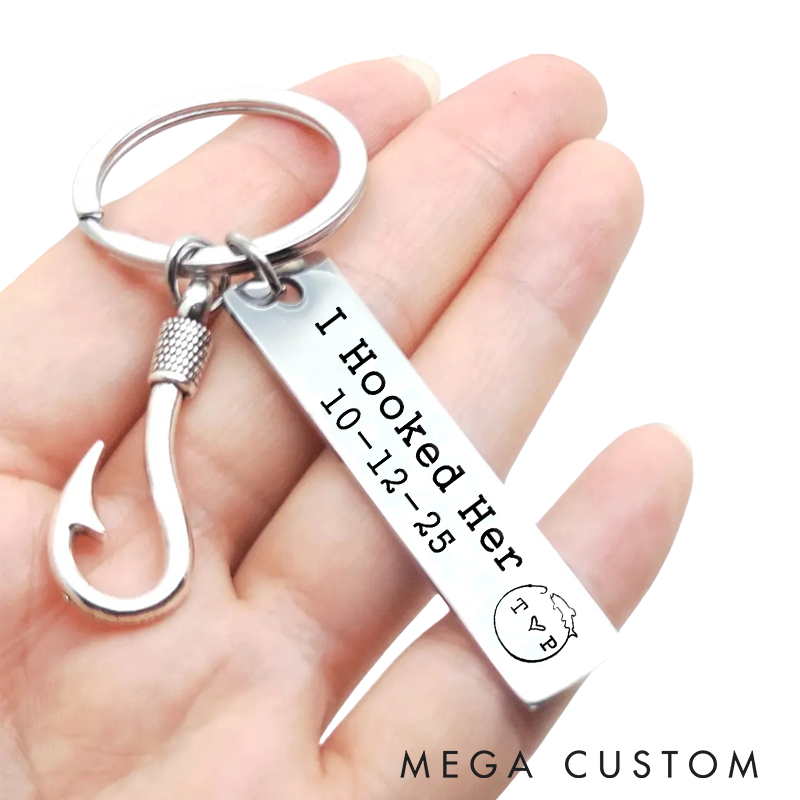 Personalized Fishing Keychain He Caught Me and I Hooked Her Design Custom Time and Initials Romantic Gift for Couples and Fishing Lovers