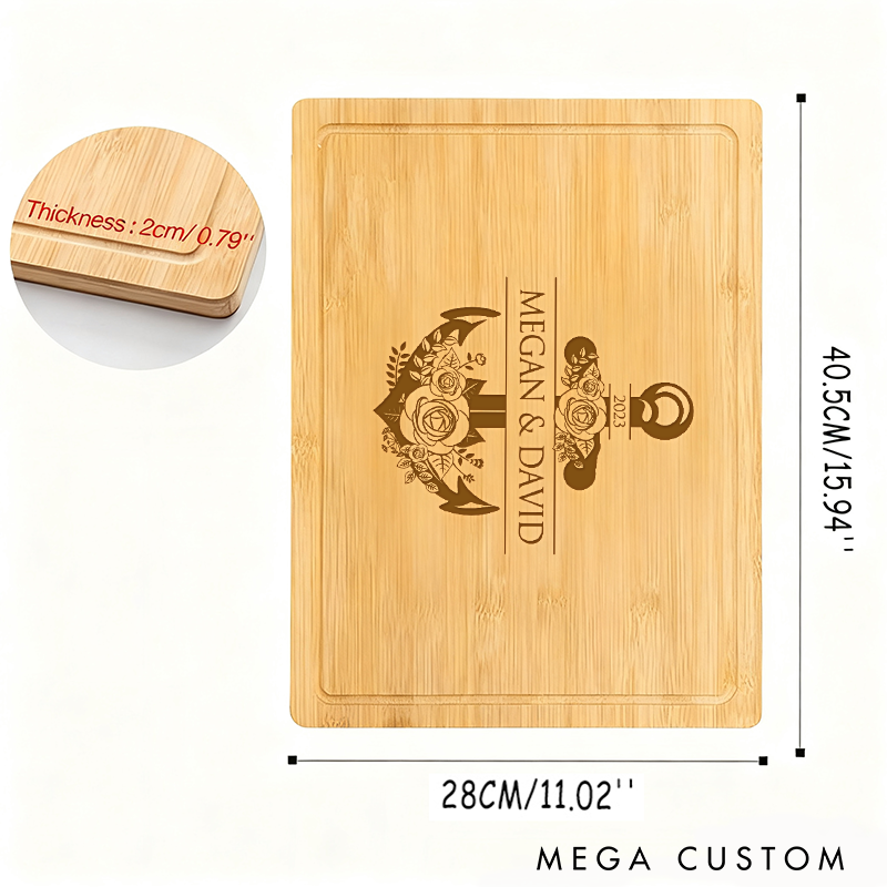 Personalized Bamboo Cutting Board with Anchor Design Custom Names and Time Perfect Gift for Fishing Lovers Nautical Decor or Special Occasions