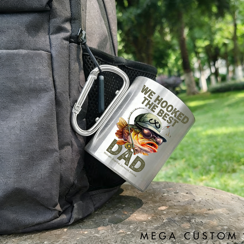 Personalized Stainless Steel Cup Funny Fishing Mug with Carabiner Handle Custom Names Perfect Gift for Fishing Enthusiast Dads Grandpas