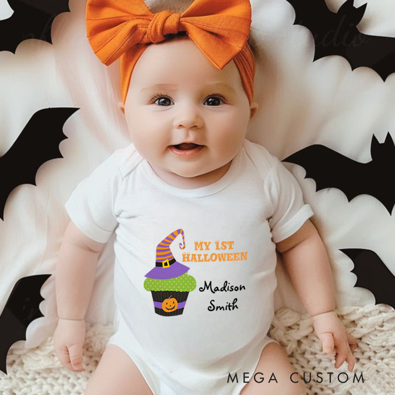 Personalized My First Halloween Featuring Witch Hat Cupcake and Customizable Name for Baby’s First Celebration Baby Onesie