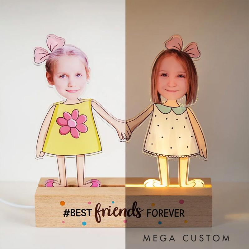 Personalized Kid Photos Best Friends Forever LED Night Light with Wooden Base Home Decor Friendship Birthday Gift for Boys Girls