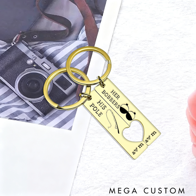 Personalized Fishing Keychain Set with Funny Design Custom Initials Romantic Gift for Couples and Fishing Lovers