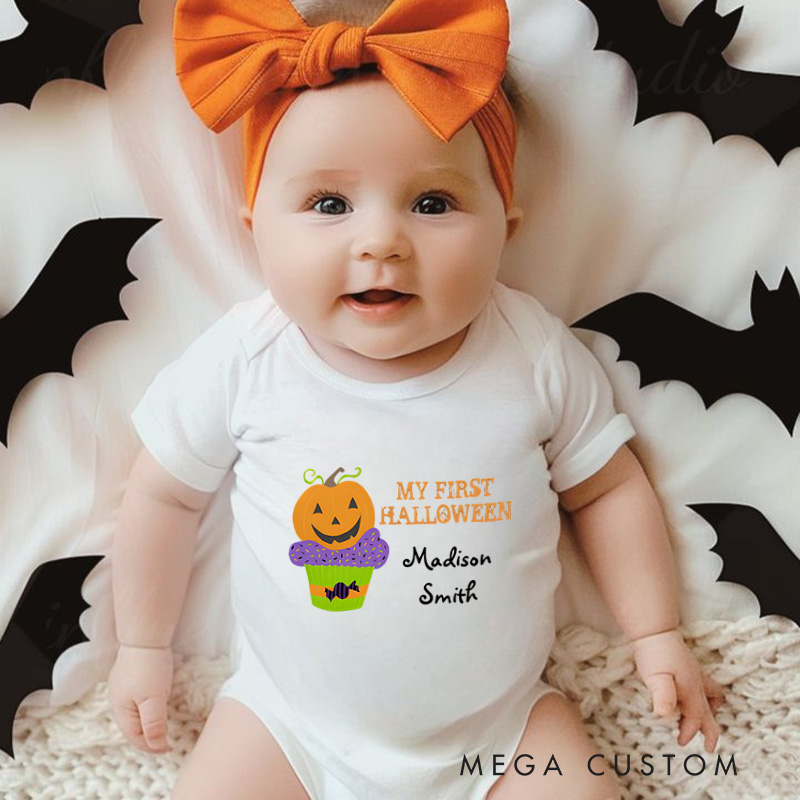 Personalized My First Halloween Featuring Pumpkin Cupcake and Customizable Name for Baby’s Festive Outfit Baby Onesie