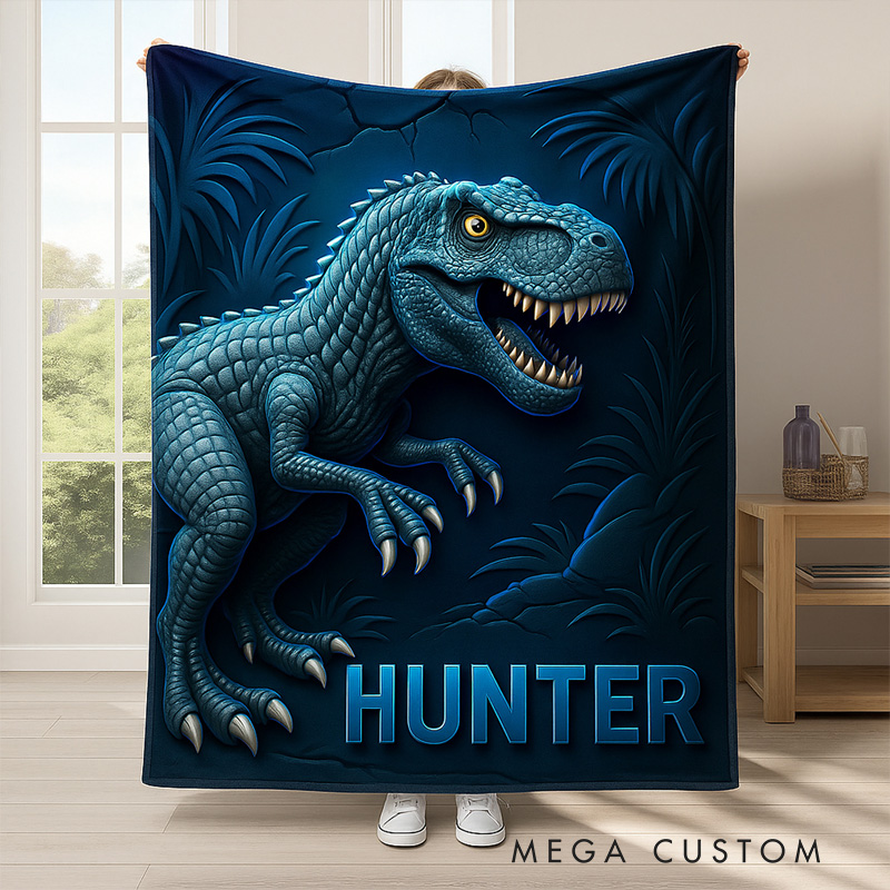 Personalized Ferocious Dinosaur Theme Custom Name Green Jungle Adventure Kids Cozy Blanket Blanket