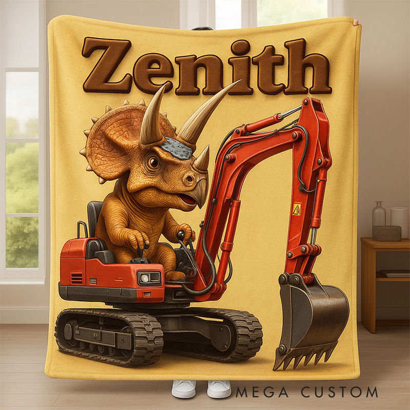 Personalized Dinosaur And Digger Theme Custom Name Fun Kids Cozy Bedroom Decor Blanket Blanket