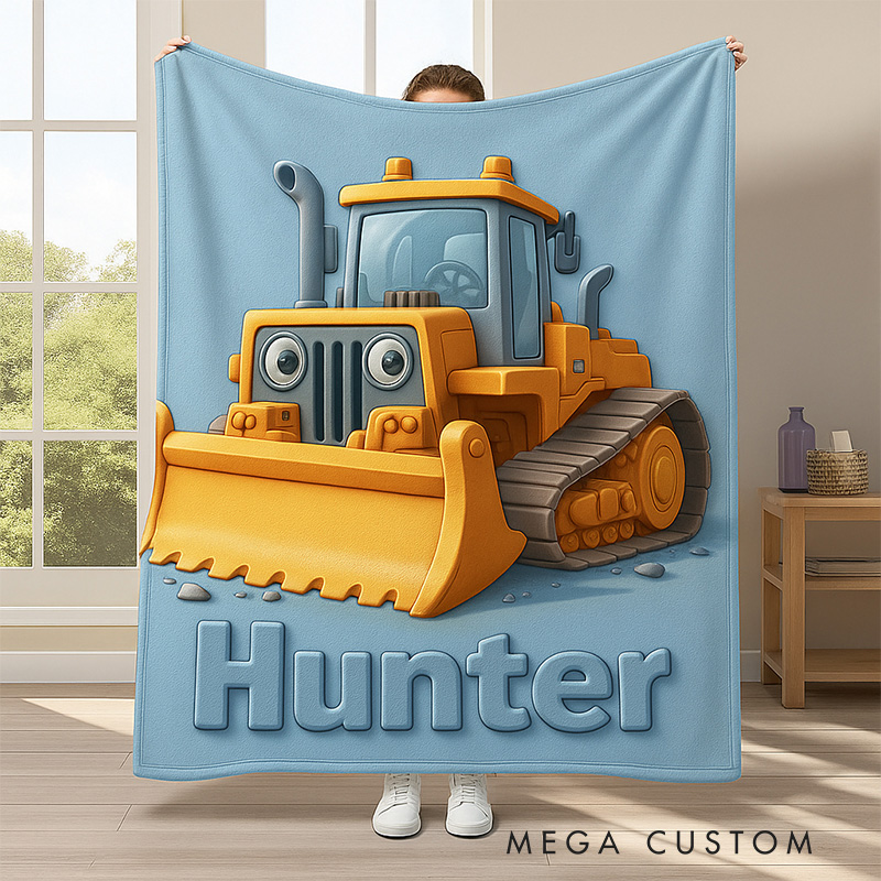 Personalized Cute Bulldozer Theme Custom Name Fun Construction Vehicle Kids Cozy Blanket Blanket