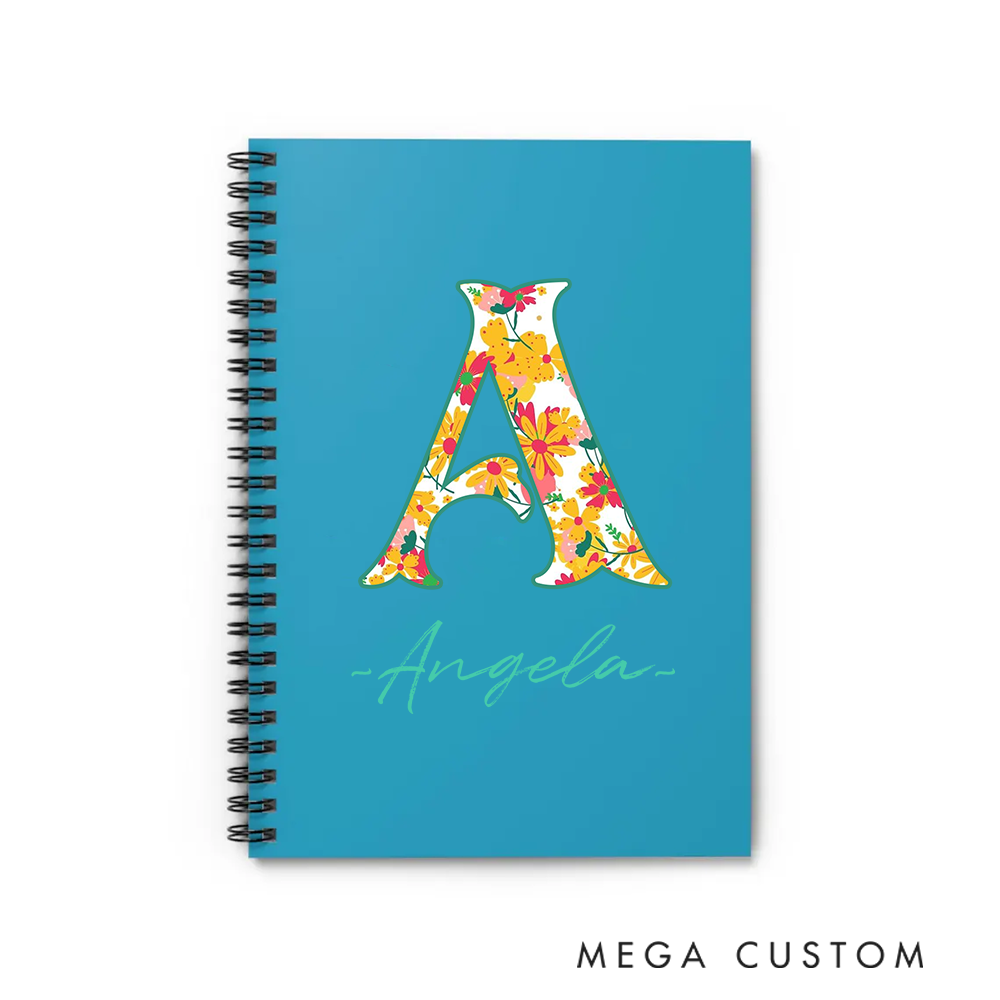 Personalized A5 Spiral Notebook Beautiful Floral Initial Design Gift with Custom Name for Everyday Use