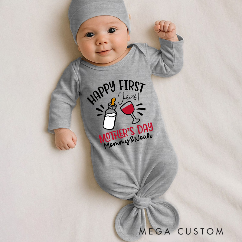 Personalized Cheers with Milk Bottle and Wine Glass for First Mother's Day Celebration Baby Gowns