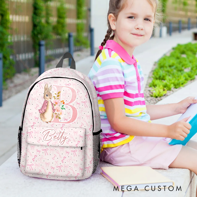 Personalized Peter Rabbit Coquette Bow Flower Initial Large Capacity School Backpack with Name Daily Travel Back to School Birthday Gift for Kids
