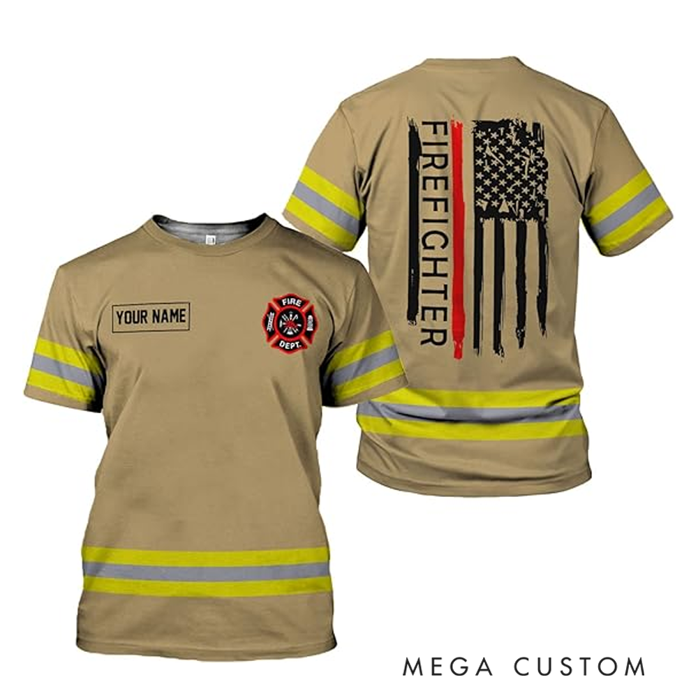 Personalized Firefighter Full Print T-Shirt Gift Custom Name and Flag Design