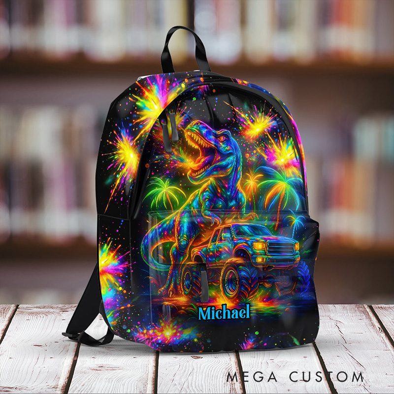 Personalized Unique T Rex Theme Custom Name Colorful Galaxy Adventure Kids School Backpack