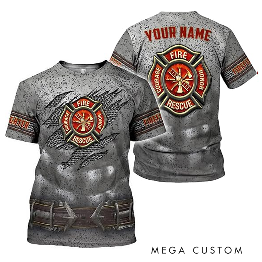Personalized Firefighter Full Print T-Shirt Gift Custom Name and Metallic Gear Design
