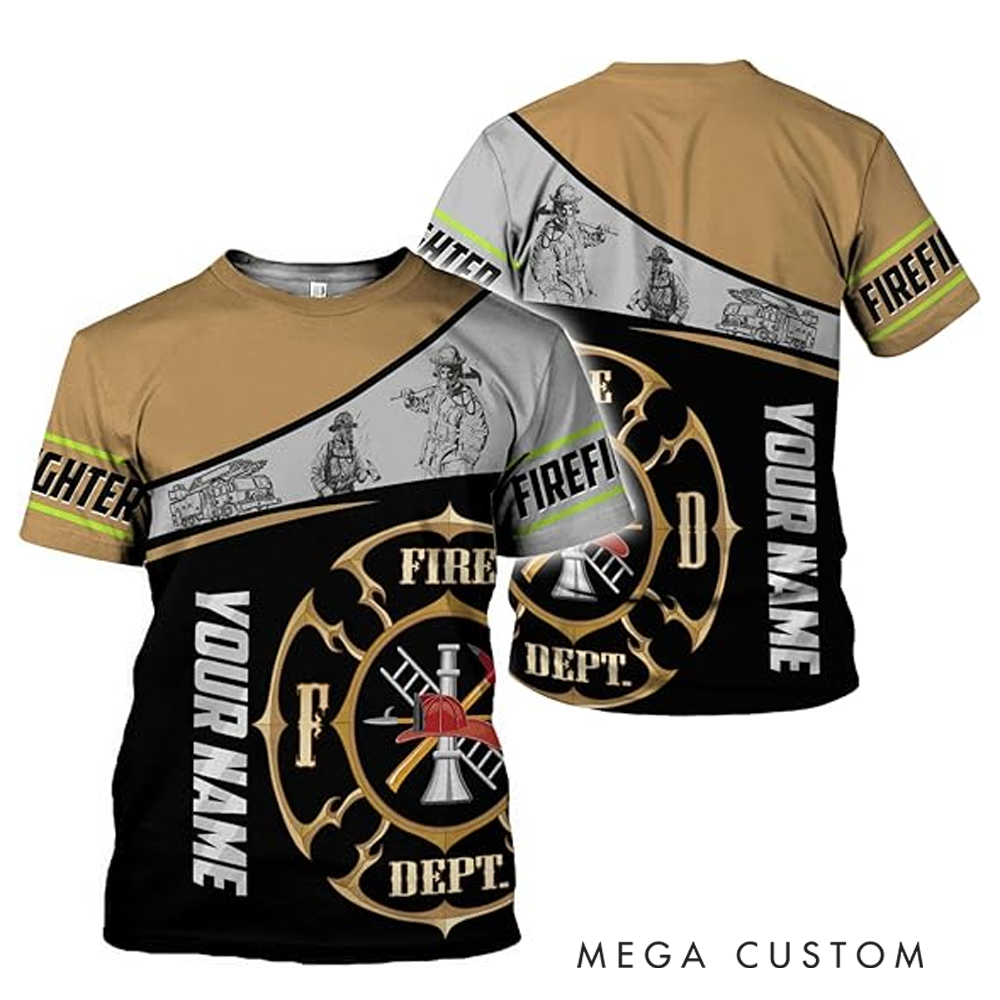 Personalized Firefighter Full Print T-Shirt Gift Custom Name and Vintage Fire Dept Design