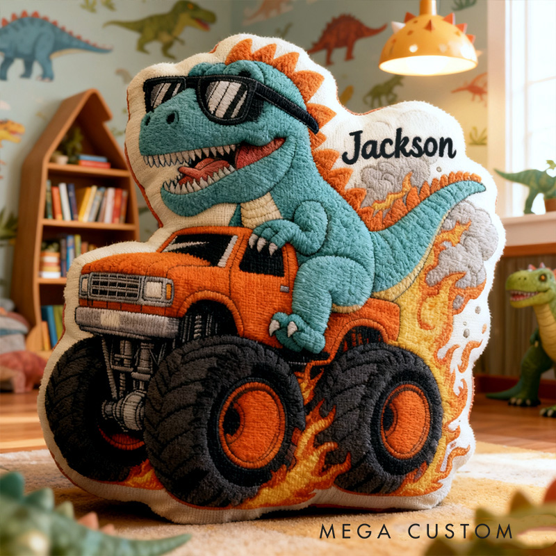 Personalized Cool Dinosaur Driving Monster Truck Custom Name Fun Boys Room Decoration Unique Adventure Style Plush  Graphic 3D Print Pillow