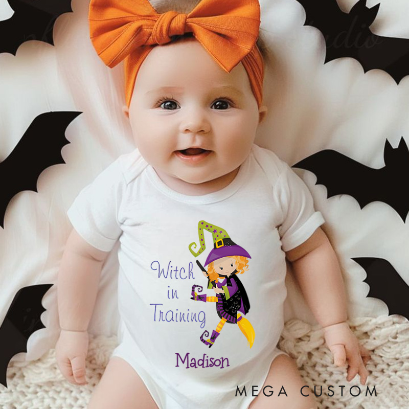 Personalized Witch in Training Featuring Adorable Witch Motif and Customizable Name for Baby’s Halloween Celebration Baby Onesie