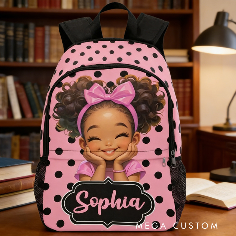 Personalized Adorable Cartoon Girl Theme Custom Name Black Bow Blue Background Kids Backpack
