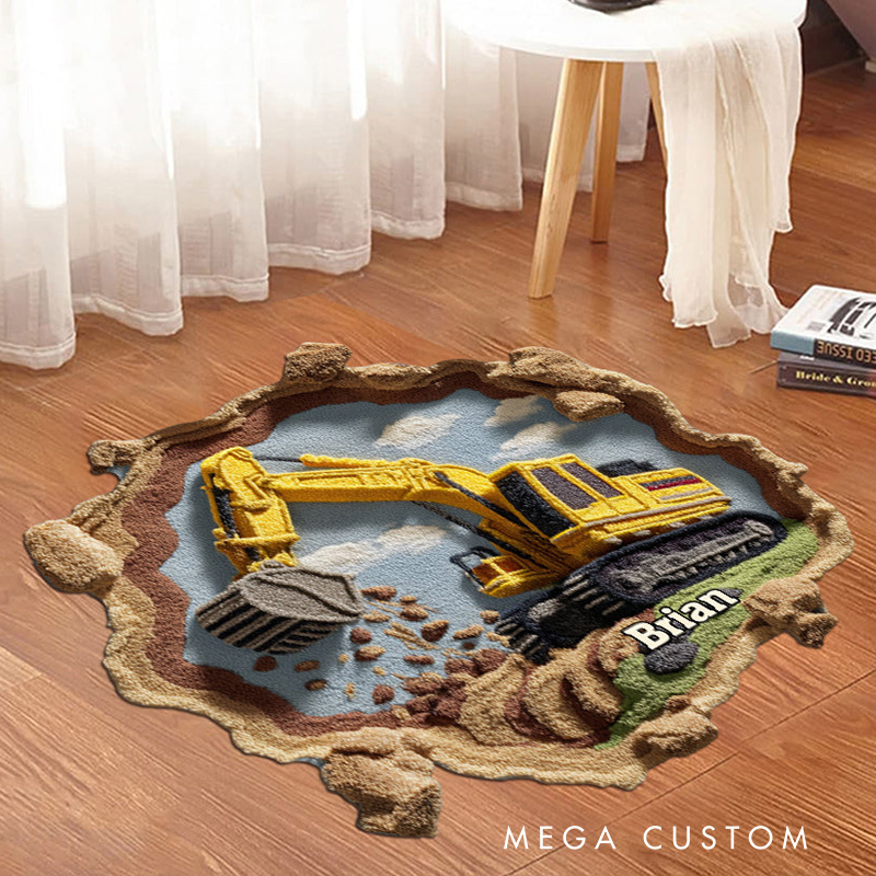 Personalized Awesome Construction Vehicle Theme Custom Name Realistic Worksite Design Carpet Rug for Kids