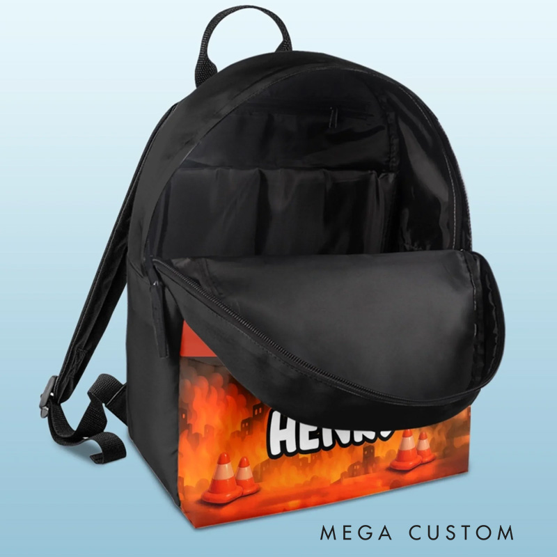 Personalized Unique Kid Fireman Theme Custom Name Red Flame Background Rescue Truck Design Backpack