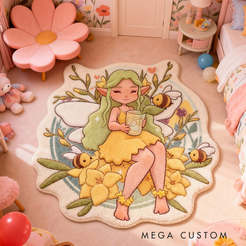 Personalized Magical Fairy Theme Custom Name Yellow Dress Cute Nature Style Carpet Rug for Kids