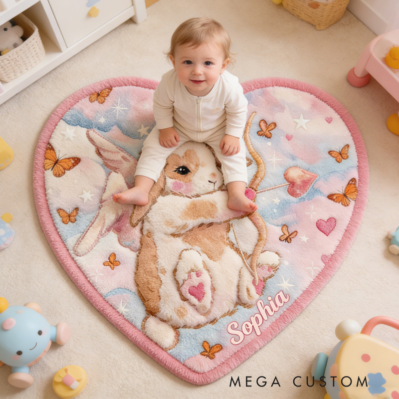 Personalized Bunny Angel Theme Custom Name Heart Shape Cute Pink Cloud Style Carpet Rug for Kids