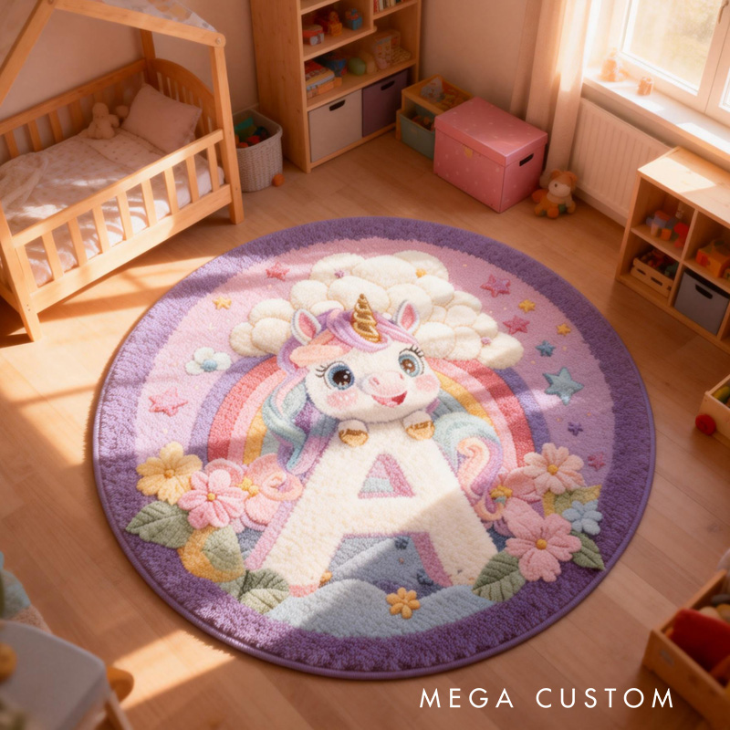 Personalized Dream Horse Theme Custom Name Rainbow Cloud Magical Letter A Round Carpet Rug for Kids
