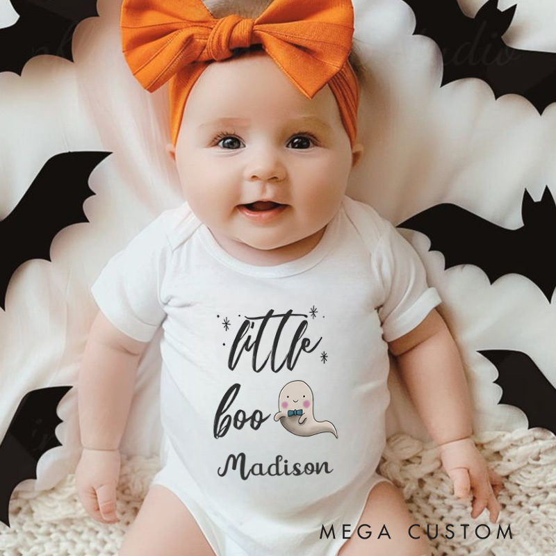 Personalized Little Boo Featuring Ghost Motif and Customizable Name for Baby’s Halloween Celebration Baby Onesie