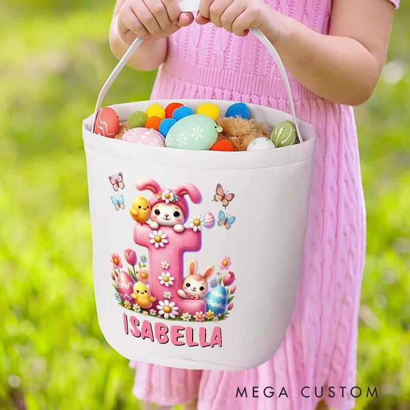 Personalized Cartoon Bunny Easter Eggs Large Capacity Canvas Easter Basket with Name and Initial Eggs Hunting Party Easter Gift for Kids