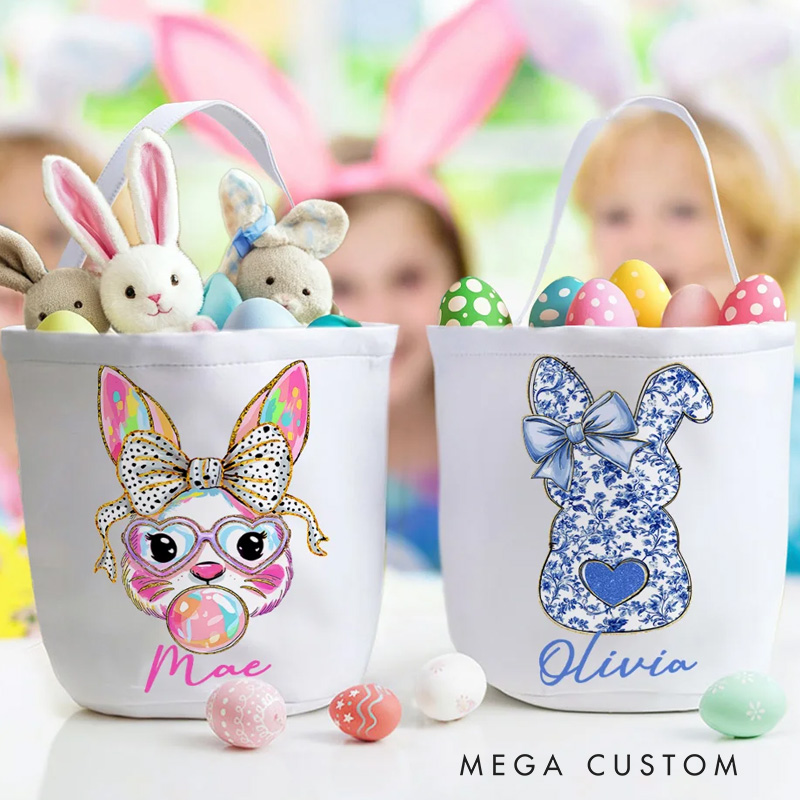 Personalized Cute Bow Bunny Canvas Easter Basket with Name Easter Eggs Hunting Party Favor Gift for Boys Girls
