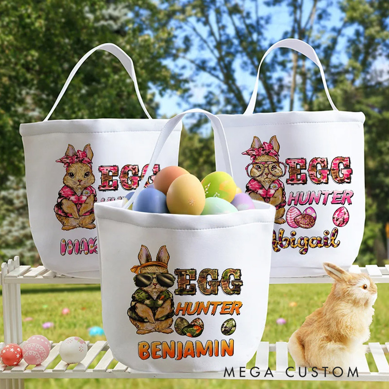 Personalized Cute Bunny Egg Hunter Camouflage Carrot Reusable Canvas Easter Basket with Name Birthday Easter Gift for Kids