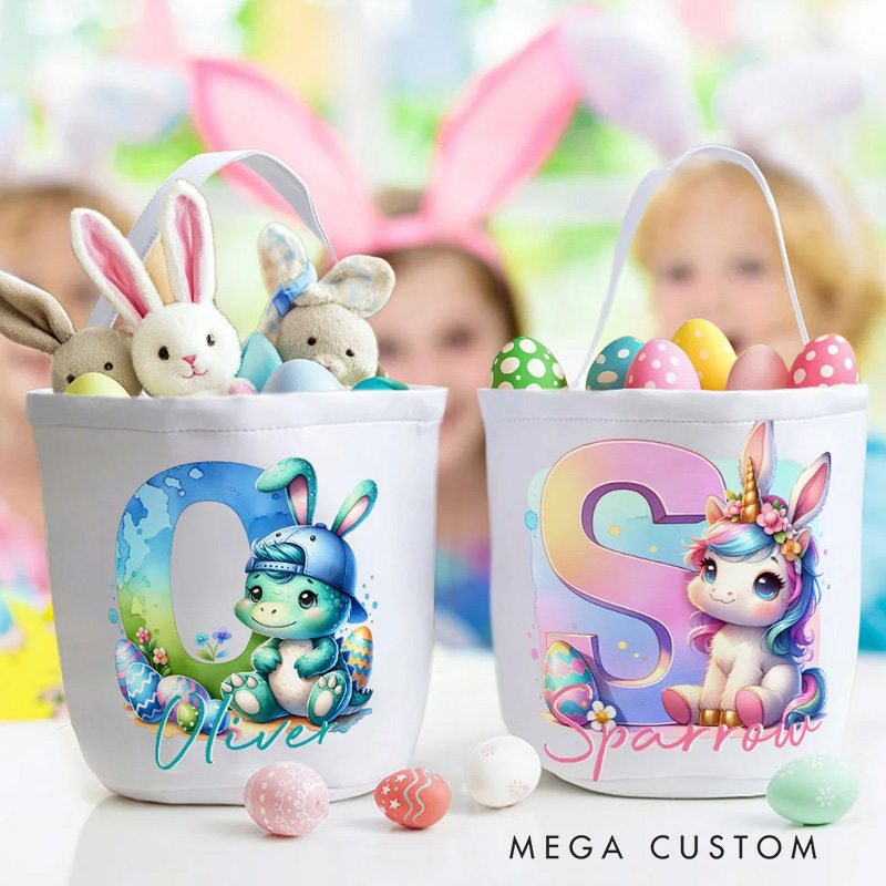 Personalized Cute Fantasy Rainbow Horse Dinosaur Canvas Easter Basket with Initial and Name Party Favor Eggs Hunting Easter Gift for Kids