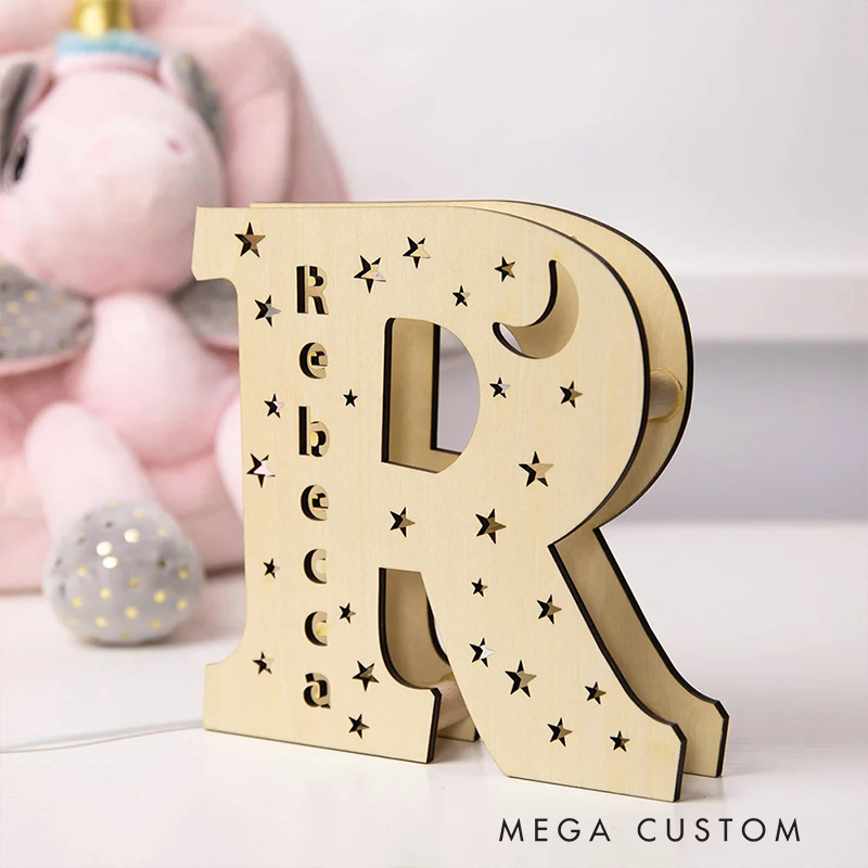 Personalized Letter Theme Custom Name Soft Yellow Glow Decorative Initial Shape Wooden Night Light