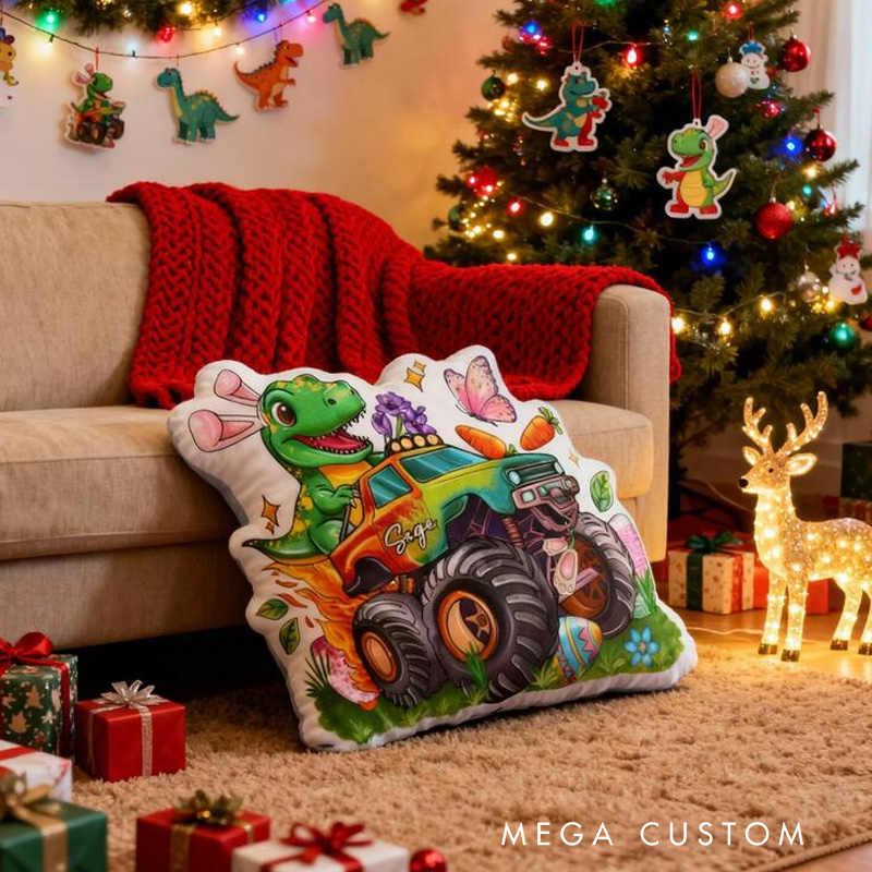 Personalized Monster Truck Theme Custom Name Fun Dinosaur Driver Adventure 3D Print Pillow