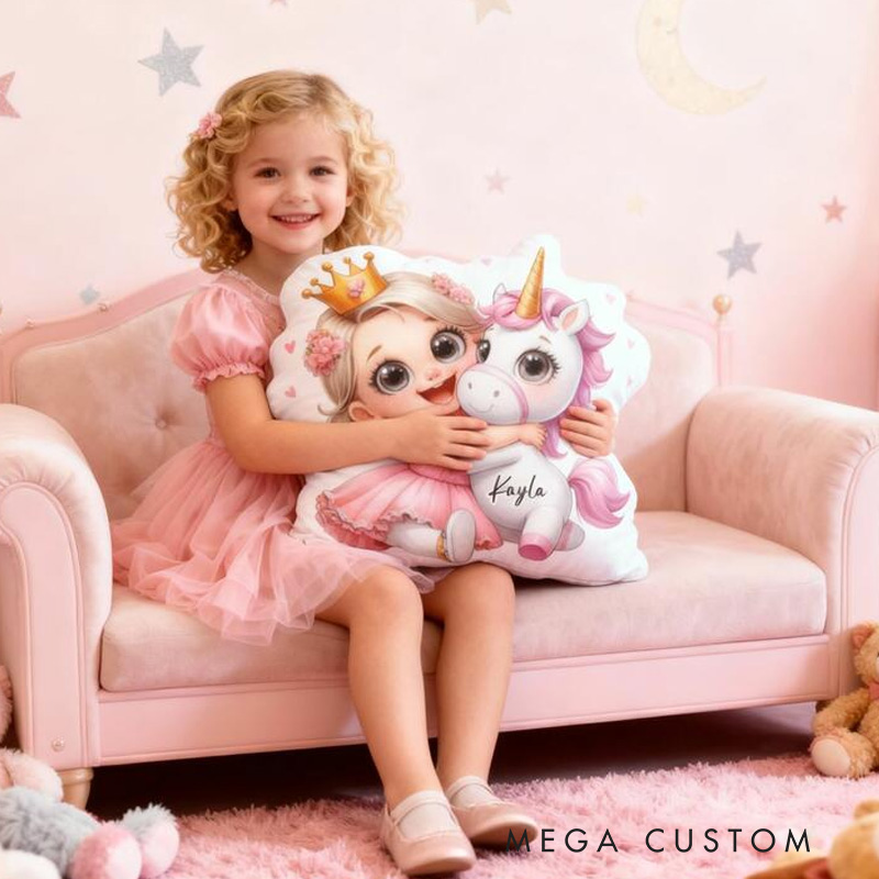 Personalized Princess Theme Custom Name Cute Girl Hugging Dream Horse Pink Crown Style 3D Print Pillow