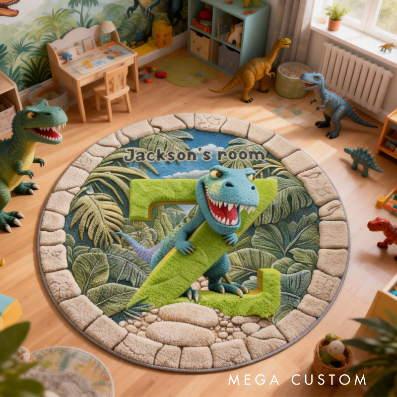 Personalized Dinosaur Theme Custom Name Jungle Adventure Green T Rex Playtime Carpet Rug for Kids
