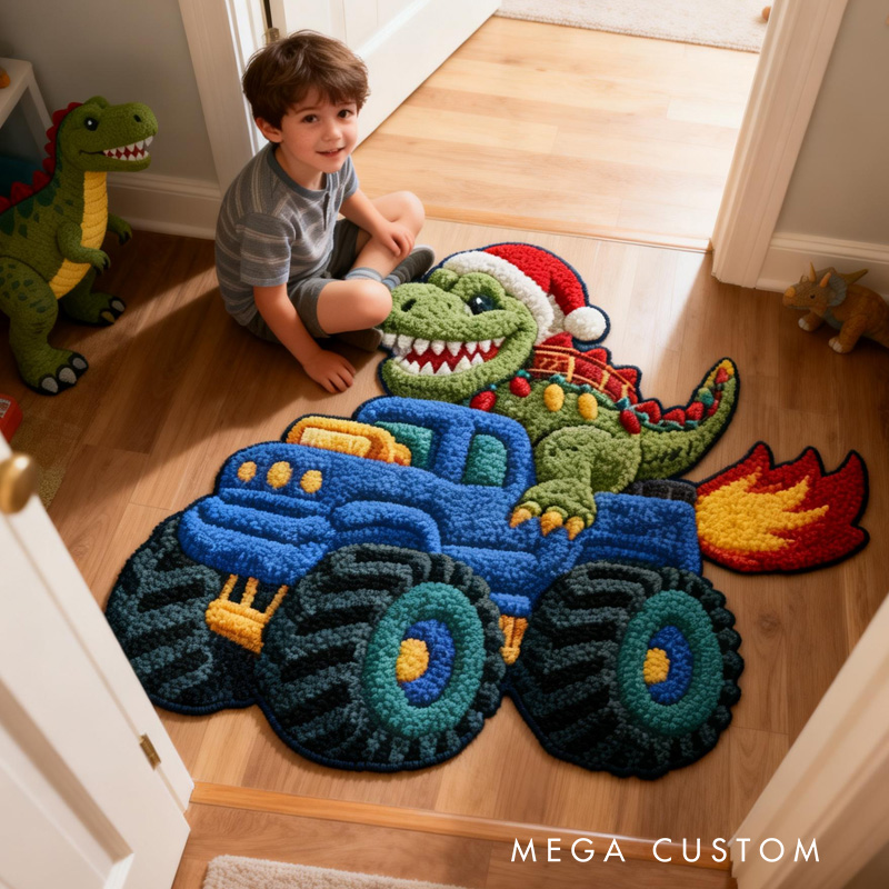 Personalized Monster Truck Theme Custom Name Cool Dinosaur Driver Fire Wheel Carpet Rug for Kids