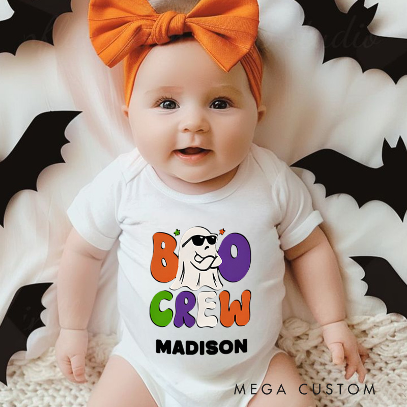 Personalized Boo Crew Featuring Ghost and Sunglasses Motif with Customizable Name for Baby Onesie